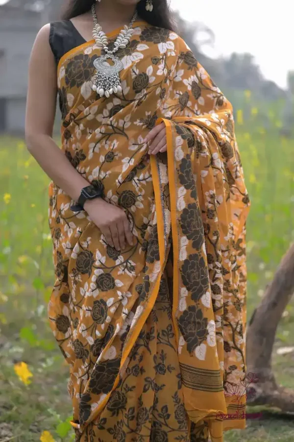 Mustard yellow with Black n White Pure Resham silk Soft Jamdani saree