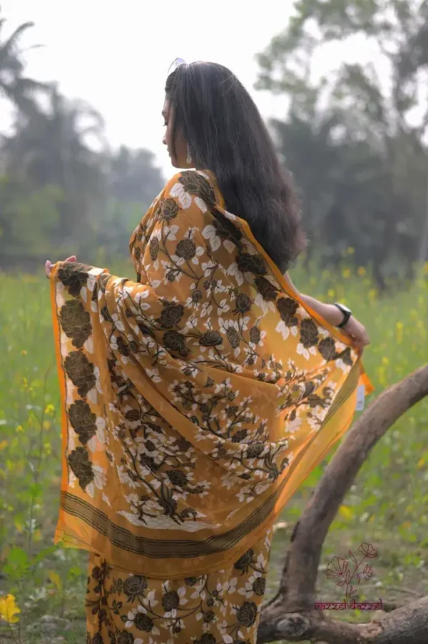 Mustard yellow with Black n White Pure Resham silk Soft Jamdani saree