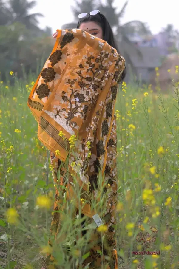 Mustard yellow with Black n White Pure Resham silk Soft Jamdani saree