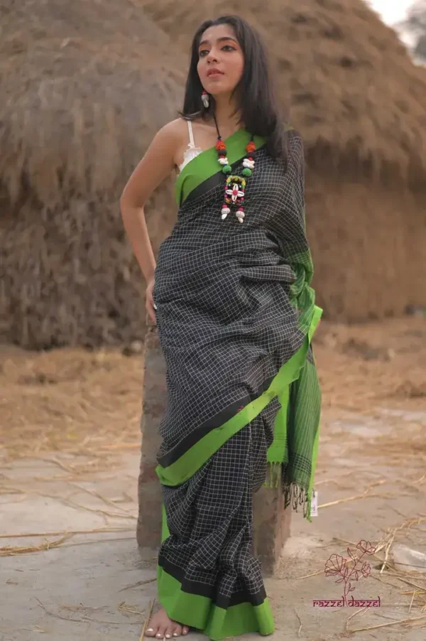 Black with Green square checks and Border Cotton khadi Handloom saree