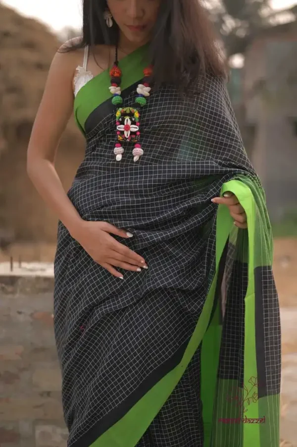 Black with Green square checks and Border Cotton khadi Handloom saree