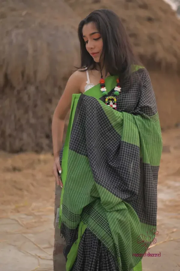 Black with Green square checks and Border Cotton khadi Handloom saree