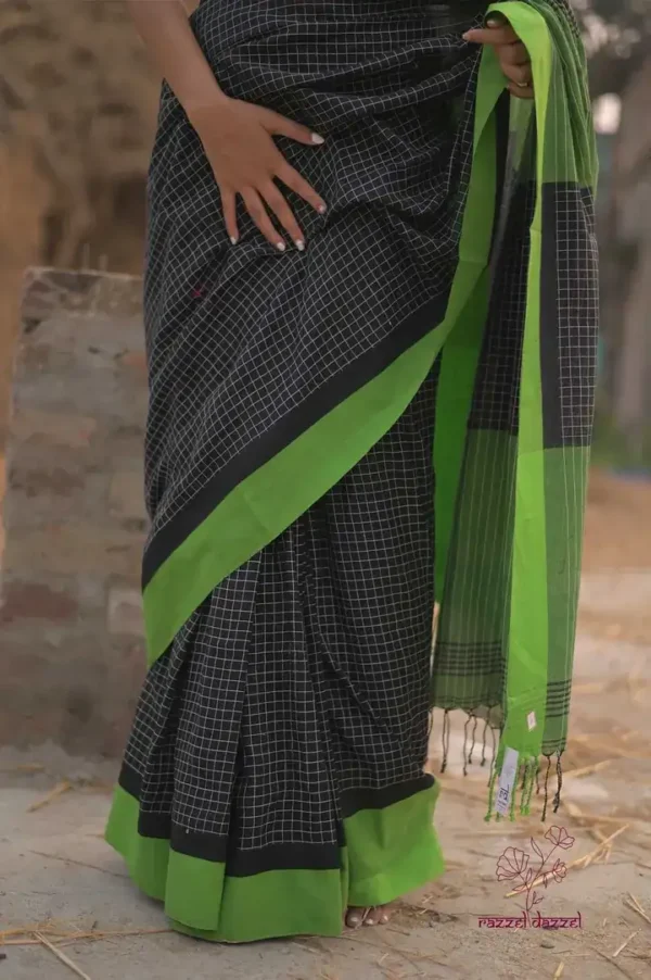 Black with Green square checks and Border Cotton khadi Handloom saree