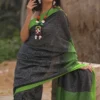 Black with Green square checks and Border Cotton khadi Handloom saree