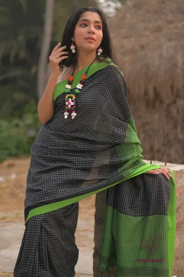 Black with Green square checks and Border Cotton khadi Handloom saree