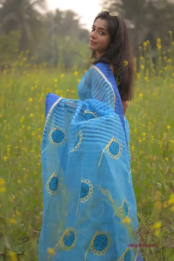 Sky Blue with Hand Fan Applique work Cotton Kota saree