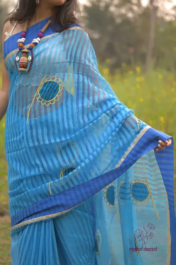 Sky Blue with Hand Fan Applique work Cotton Kota saree