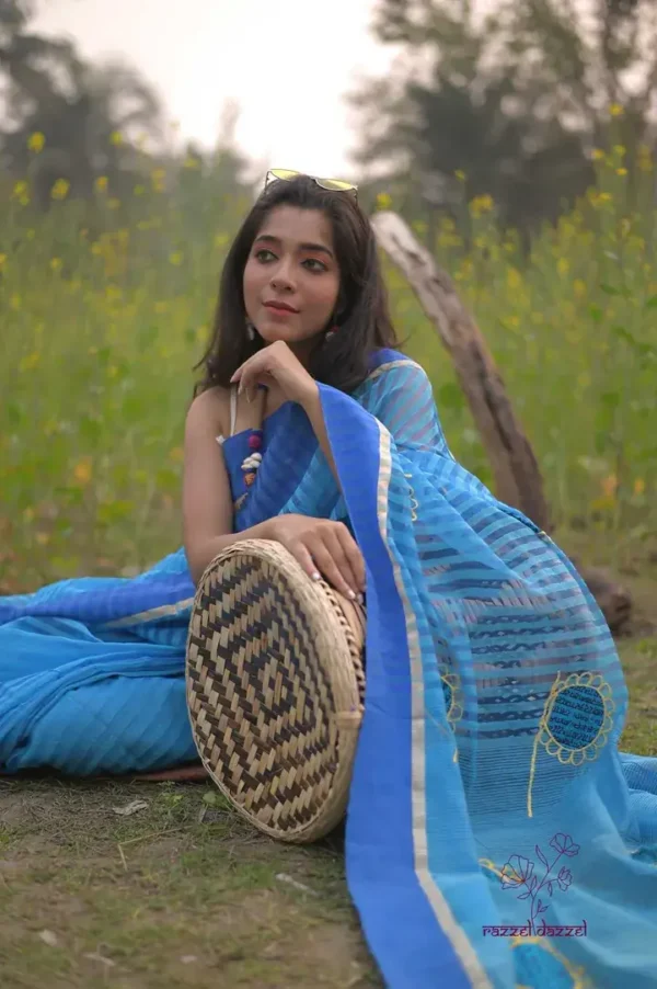 Sky Blue with Hand Fan Applique work Cotton Kota saree