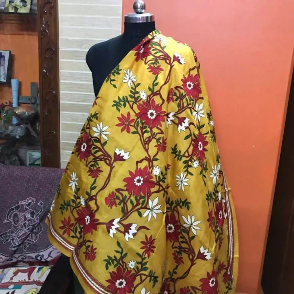 Mustard yellow kantha stitch work on bangalore silk saree