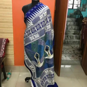Royal blue kantha stitch work on Bishnupuri katan silk saree