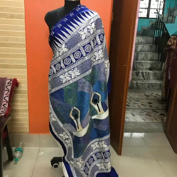 Royal blue kantha stitch work on Bishnupuri katan silk saree