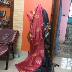 Scarlet and black small flower kantha stitch work on Tie Dye tussar silk saree