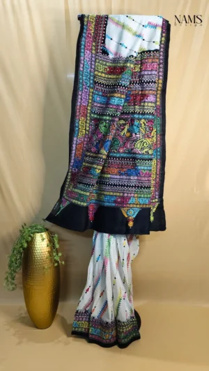 Exquisite White Tussar Kantha Saree with Vibrant Stitch Work