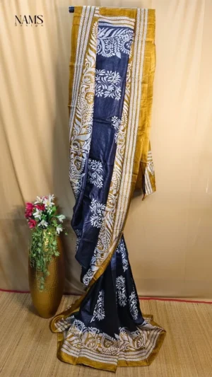 Exquisite Black Tussar Kantha Saree – Elegant Yellow Work
