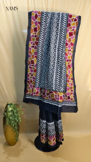 Black Tussar Kantha Saree | Exquisite Handcrafted Black Kantha Stitch Tussar Silk Saree