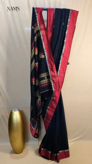 Handloom Black Cotton Saree with Orange Woven Border