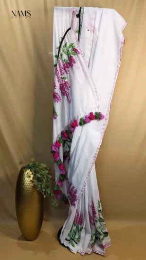Exquisite White Cotton Hand Stitch Saree – Timeless Elegance