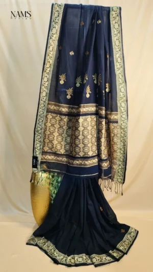 Exquisite Black Cotton Jamdani Saree – Elegant Golden Work