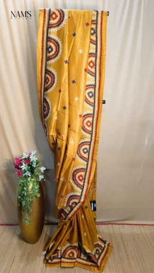 Mustard Yellow Bangalore Silk Kantha Saree – Elegant & Unique