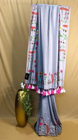 Grey Silk Chikonkari Saree – Exquisite Handcrafted Elegance for a Stunning Look