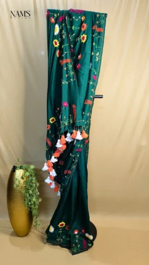 Dark Green Silk Chikankari Saree: Exquisite Handloom Elegance