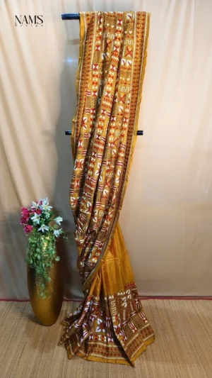 Golden Yellow Bangalore Silk Kantha Saree – Elegant & Unique