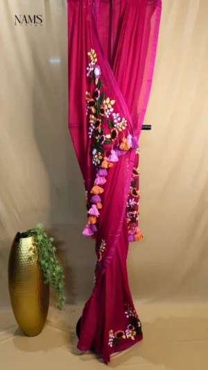 Red color with floral hand stitch work on Linen saree Saree | Shop Nams Design