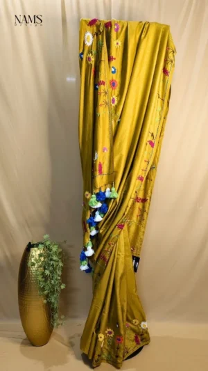 Exquisite Mustard Yellow Silk Hand Stitch Work Saree | Timeless Elegance