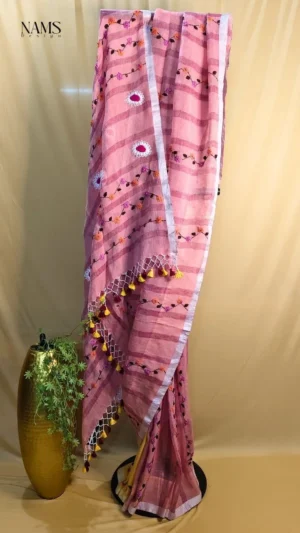 Exquisite Peach Linen Hand Stitch Saree | Elegant Unique
