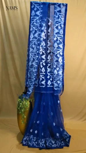 Royal Blue Mulberry Silk Jamdani Saree - Exquisite Handloom Art for Elegant Occasions