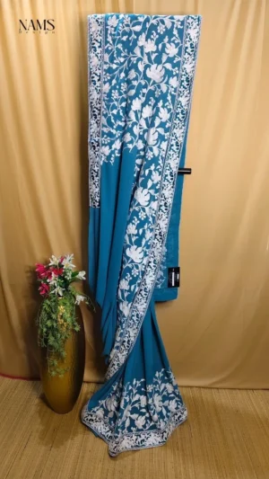 Exquisite Sky Blue Georgette Floral Saree - Elegant & Unique