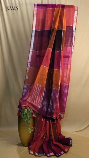 Orange Pink Linen Square Check Saree – Stunning Elegant Handloom