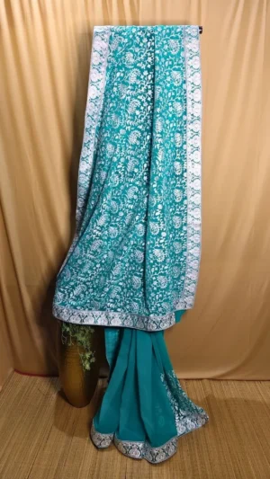 Exquisite Cyan Green Georgette Floral Saree – Elegant