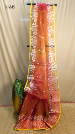 Exquisite Orange Reshom Jamdani Saree – Elegant Floral Beauty