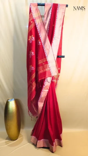 Exquisite Red Cotton Woven Border Saree – Timeless Elegance
