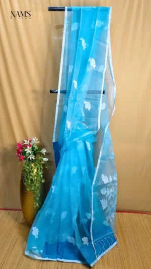Sky Blue Reshom Jamdani Saree – Exquisite Elegant Handloom Beauty