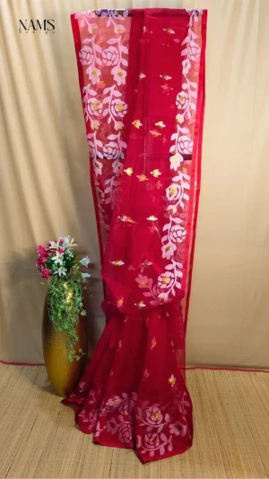 Exquisite Red Reshom Jamdani Saree – Elegant Floral Beauty