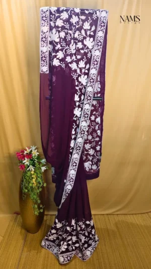 Dark Brown Georgette Floral Saree - Elegant Handloom Beauty