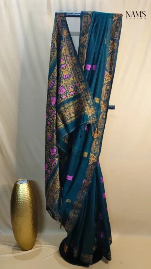 Exquisite Dark Green Cotton Balucari Saree – Timeless Elegance