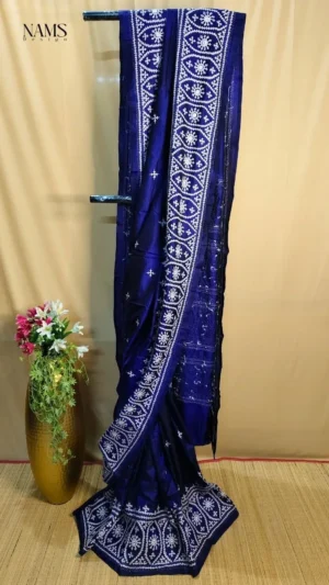 Navy Blue Bangalore Silk Kantha Saree – Exquisite Elegant Handloom