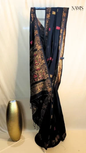 Exquisite Black Cotton Baluchari Saree – Timeless Elegance