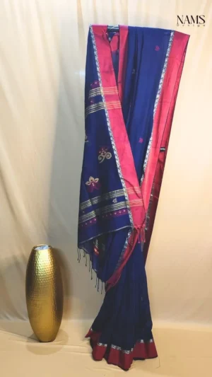 Vibrant Handloom Blue Cotton Saree with Red Woven Border