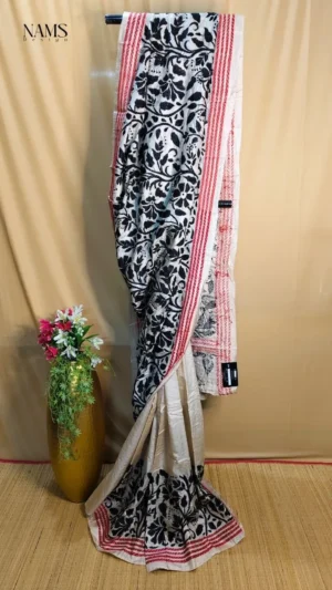Exquisite White Tussar Kantha Saree – Elegant Design
