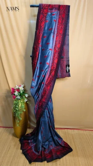 Exquisite Grey Tussar Kantha Saree – Elegant Design
