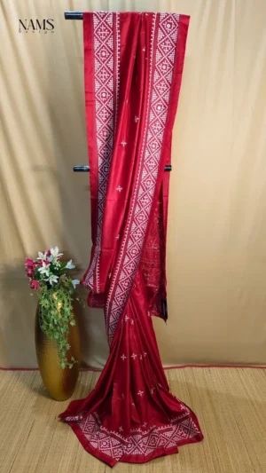 Bangalore Silk Saree Gujarati Kantha Embroidery in Carmine Red – Handloom Elegance