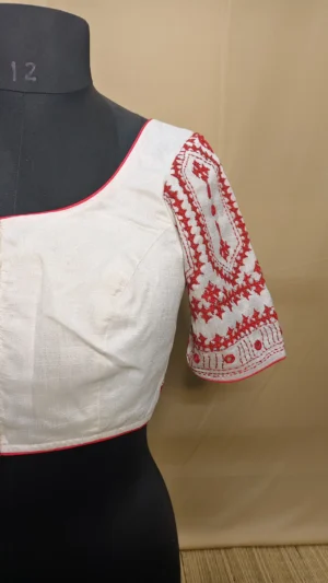 Exquisite White Red Stitch Work Saree - Elegant Blouse