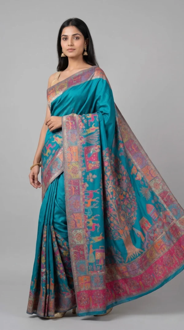 Azure Opulence Tree of Life Pashmina Kani Silk Saree