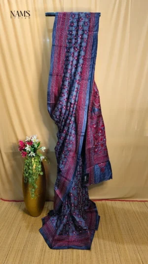 Exquisite Grey Tussar Kantha Saree – Elegant Kantha Work
