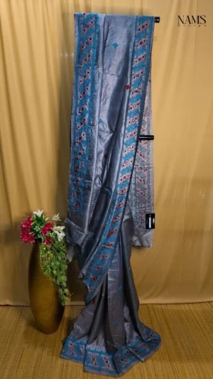 Exquisite Grey Tussar Gujarati Work Saree – Elegant & Unique