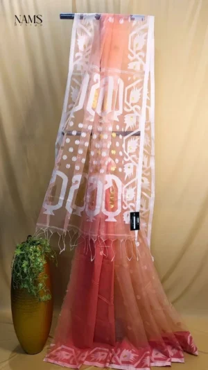 Exquisite Peach Reshom Jamdani Saree – Elegant & Unique